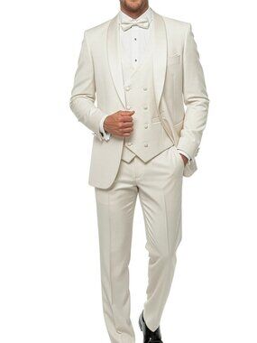 Solid Ivory Satin Shawl Lapel 3 Piece Double Breasted Vest Men's Suit